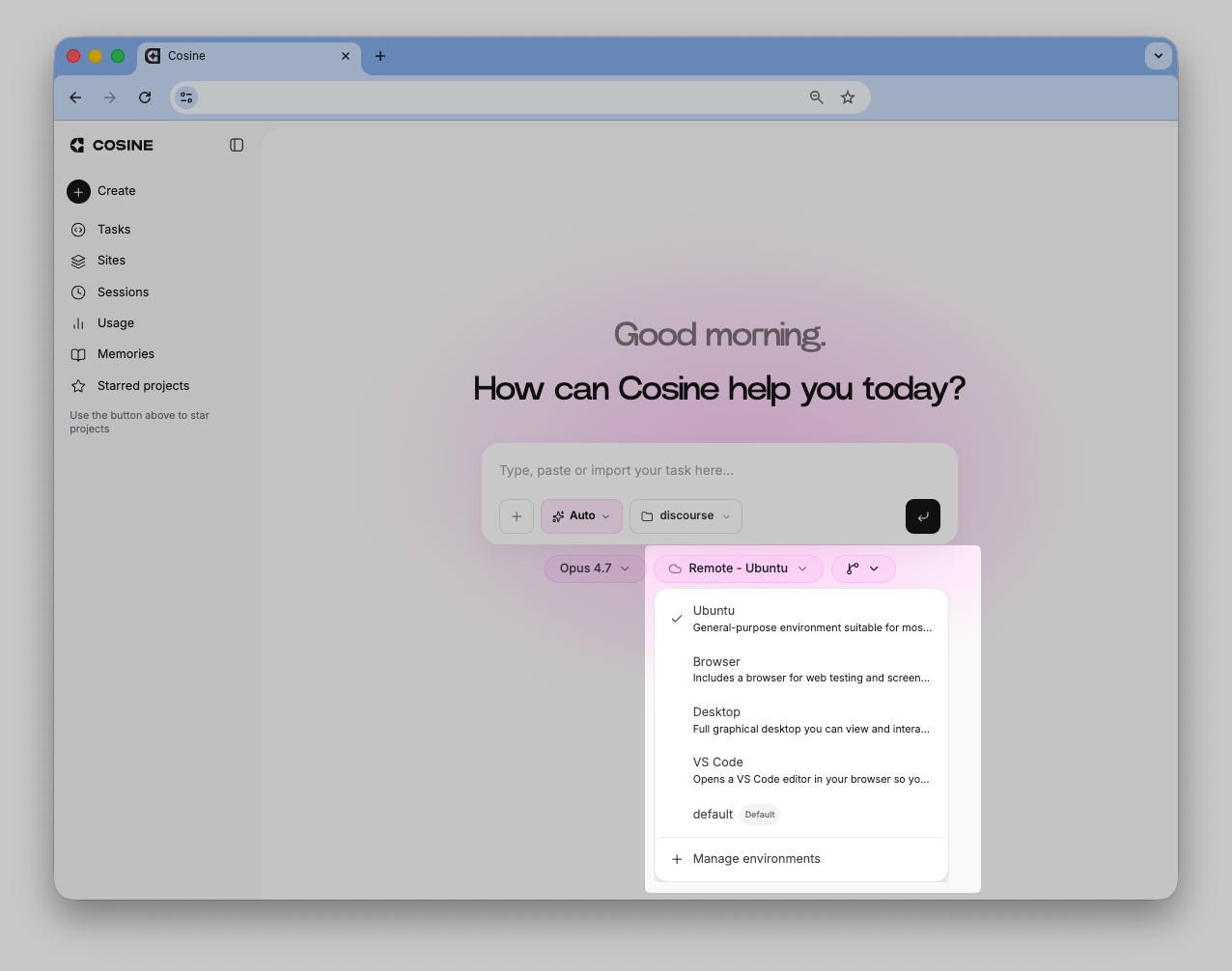 Cosine Cloud environments settings page showing available base and custom environments and actions to configure them