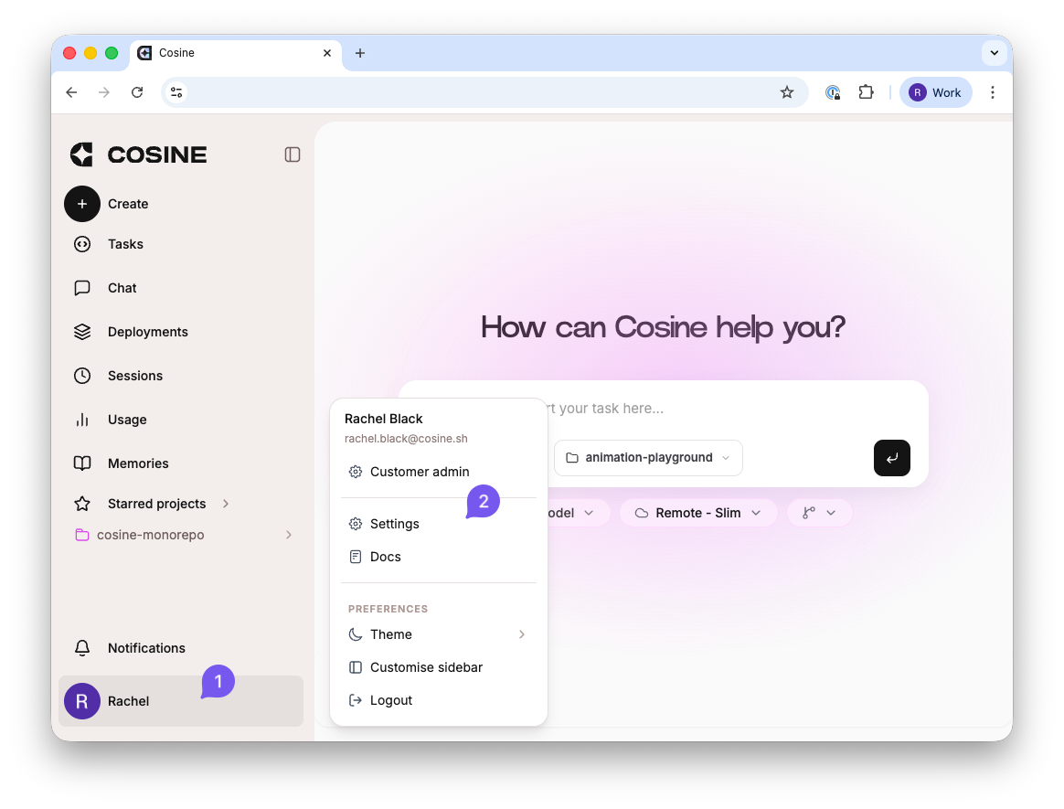 Cosine Cloud workspace showing the user profile in the bottom-left corner