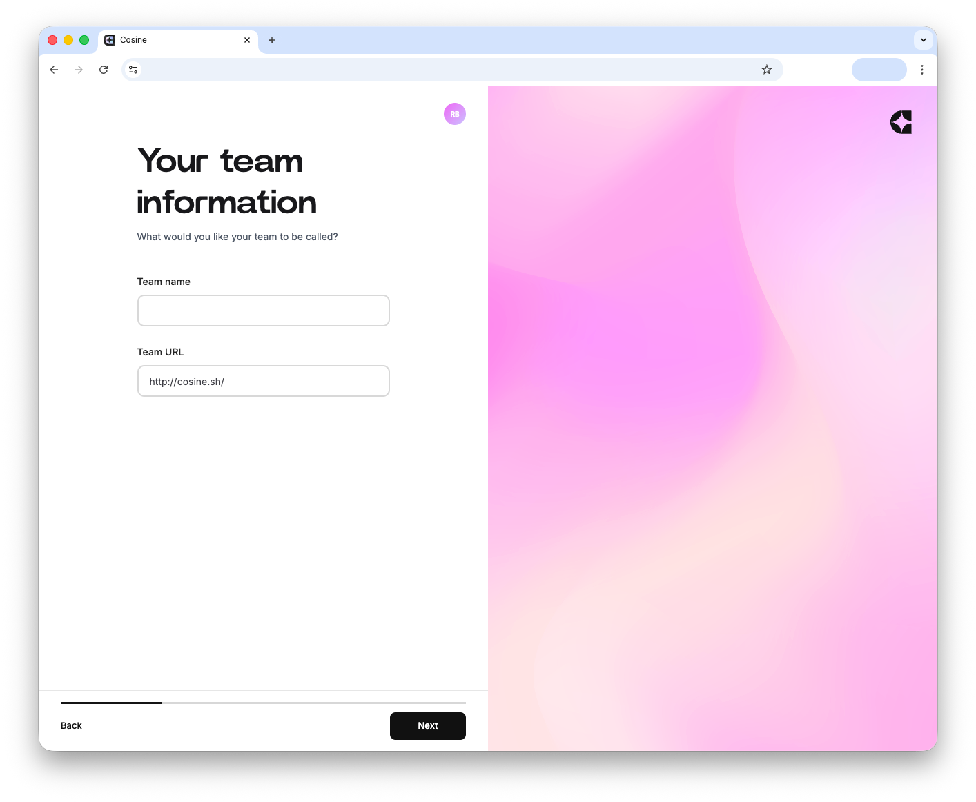 Cosine Cloud team creation screen with team name and URL fields