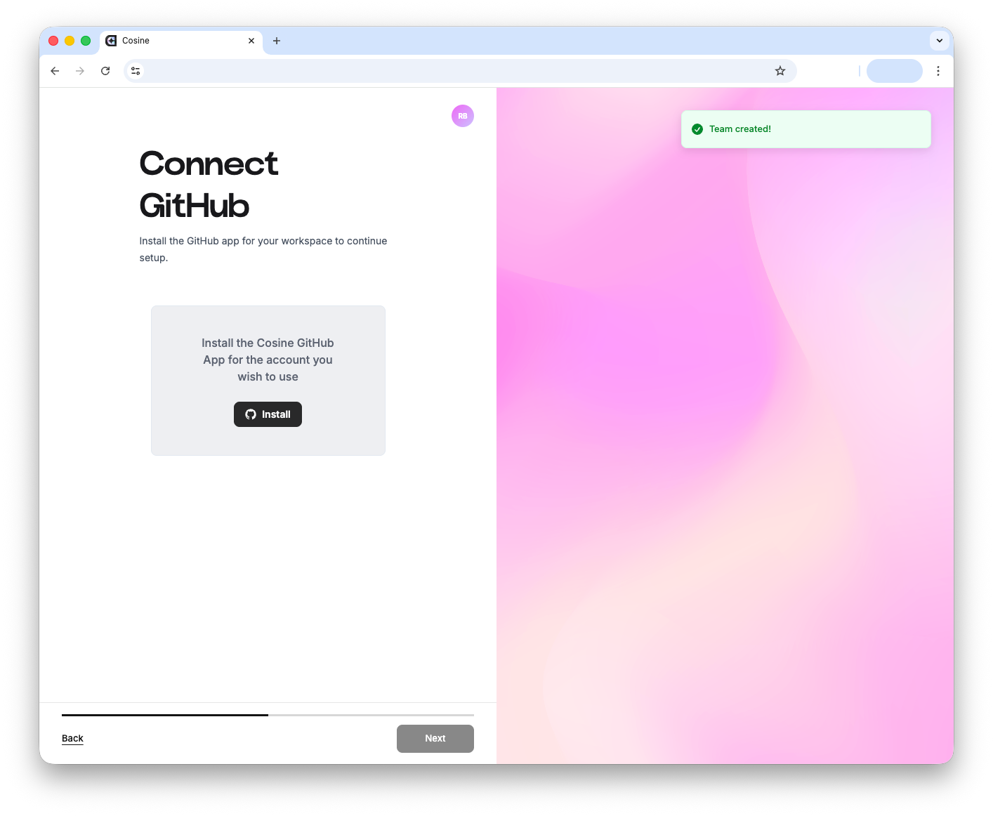 Cosine Cloud GitHub connection and repository import flow