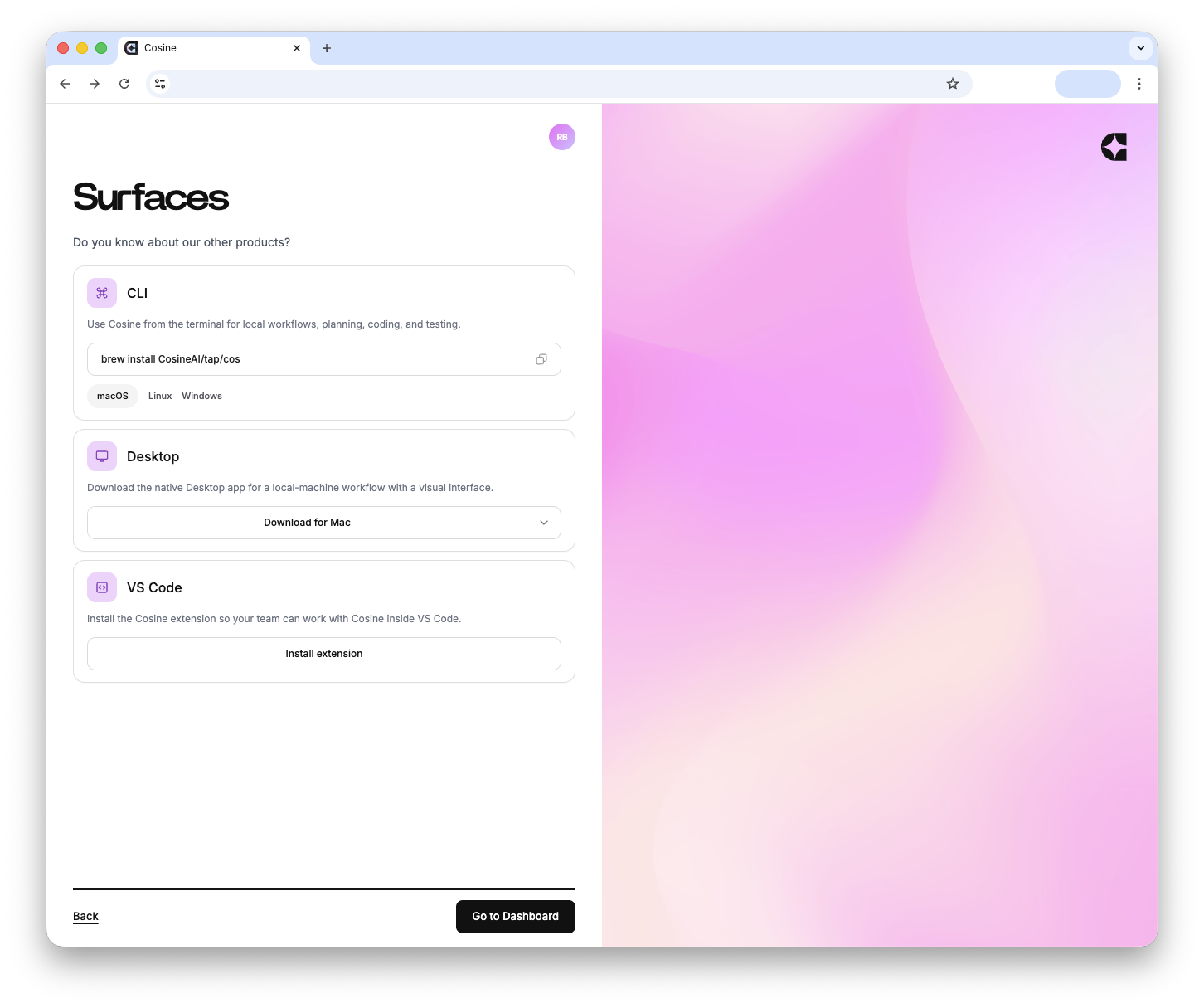 Cosine Cloud onboarding screen for choosing how to continue after importing your repository