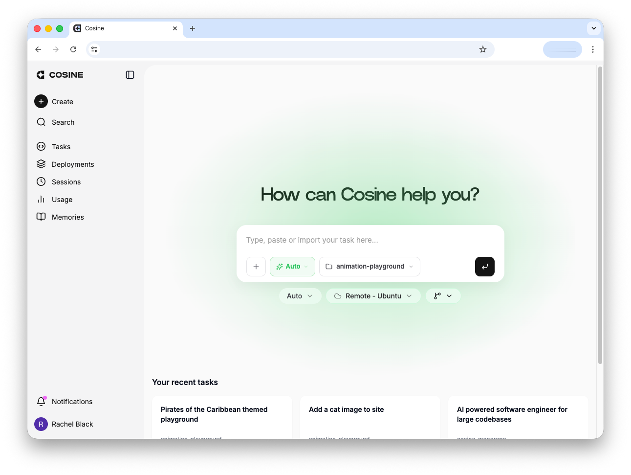 Cosine Cloud task creation screen