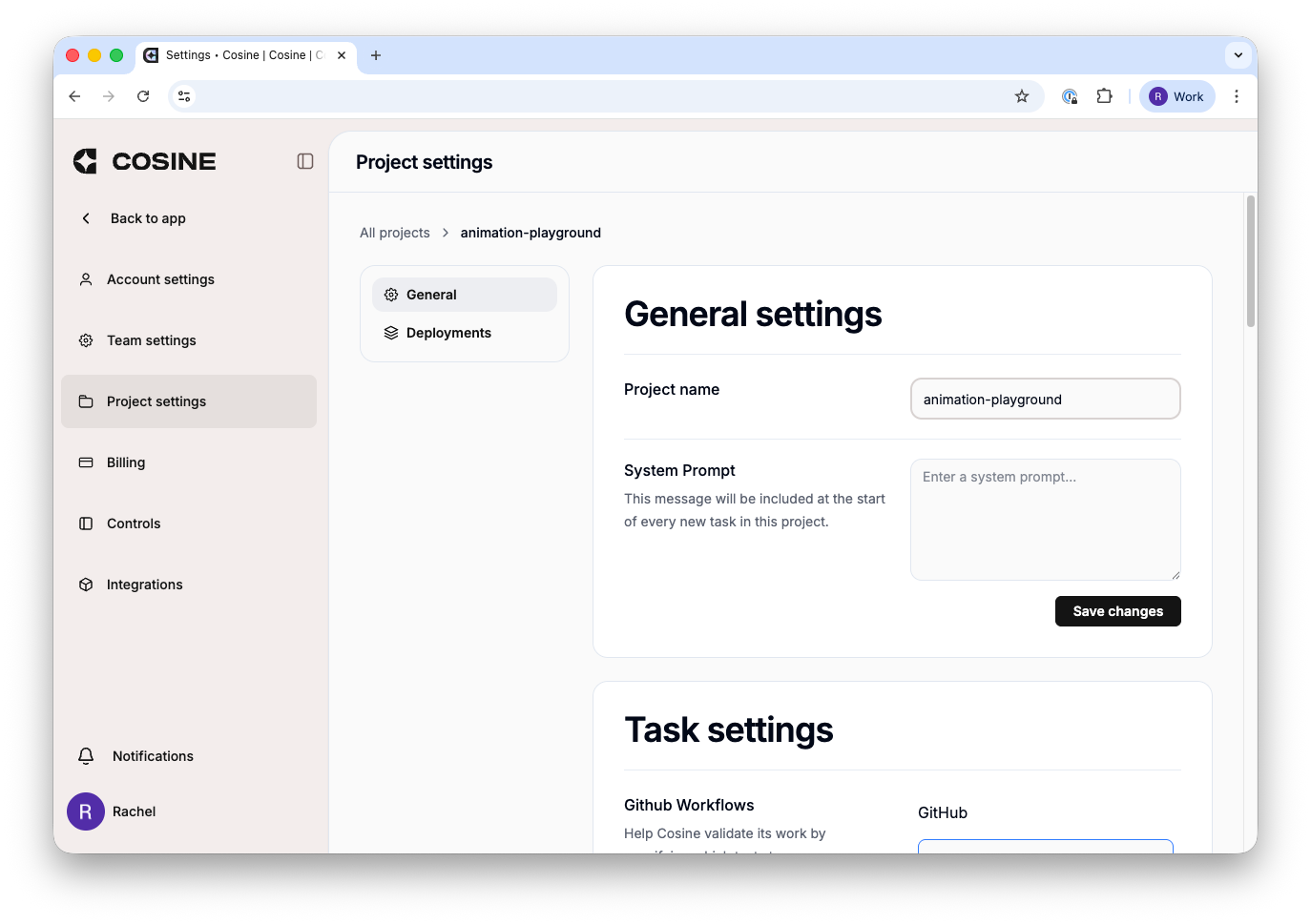 Cosine Cloud settings view with Project settings selected in the sidebar