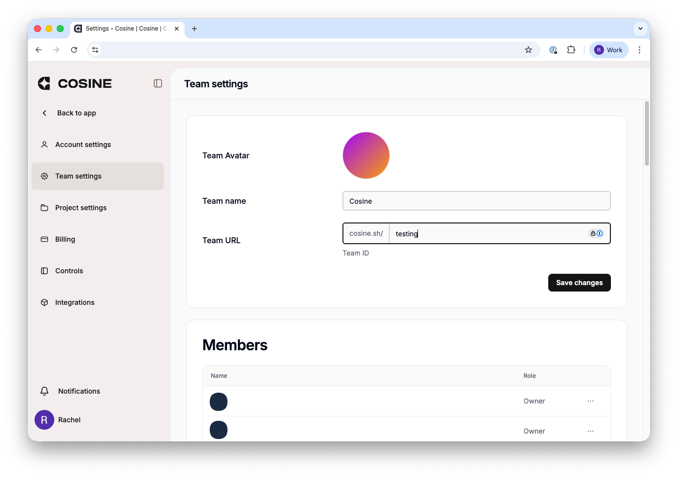 Cosine Cloud profile menu with Settings highlighted