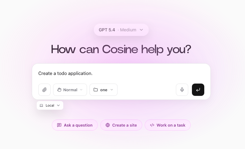 Cosine Desktop screen for creating a new task