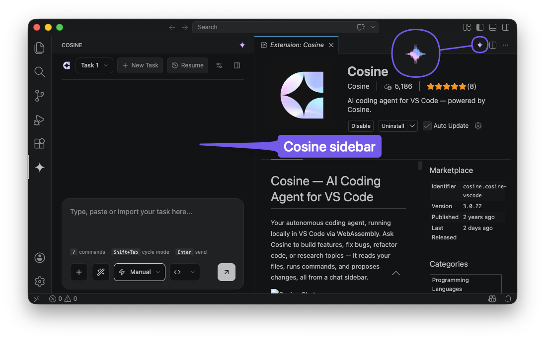 VS Code with the Cosine sidebar open